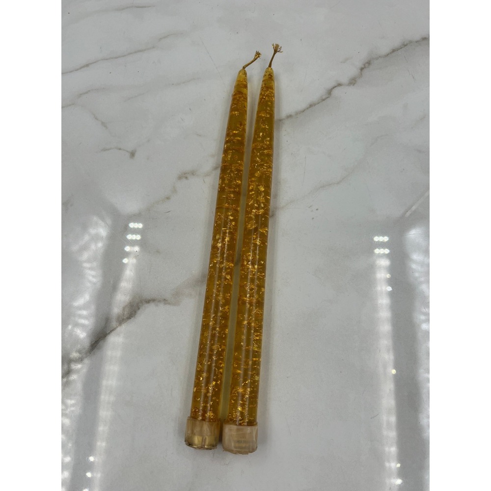 VTG Lucite Acrylic Clear Gold Flake 12" Taper Candle Pair Mid Century Mod